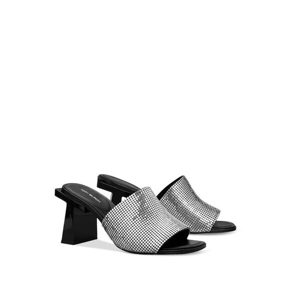 NWT TORY BURCH Womens Black Chainmail Square Toe Slip On Heeled Sandal 6 M - Picture 1 of 2